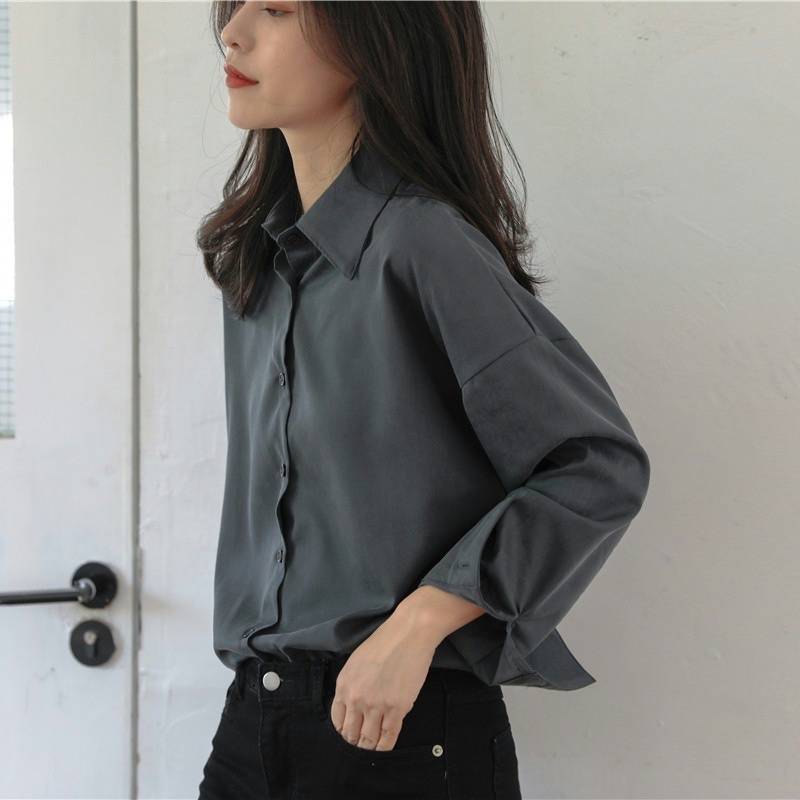 Áo Sơ Mi Tay Dài Dáng Rộng Màu Xám Nhạt Phong Cách Hàn Quốc Cổ Điển Thời Trang Cho Nữ