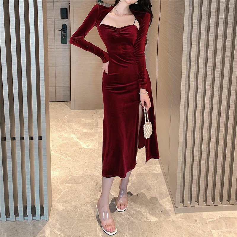 set ulzzang siêu xinh váy nhung xẻ tà và áo khoác body S M L