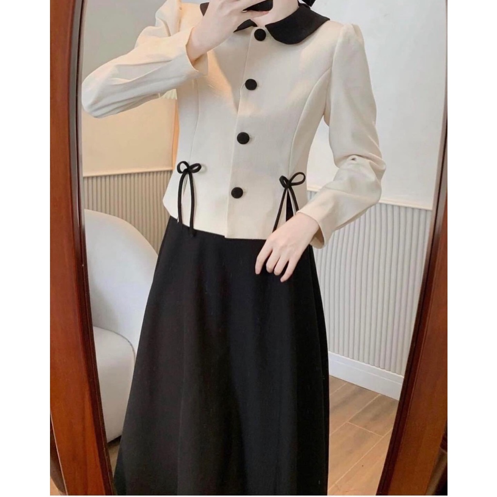 [3.3 Sales Freeship] Set váy tiểu thư nữ vintage,set áo cổ bèo tay dài croptop màu nu phối chân váy đen dài xinh xắn mtb