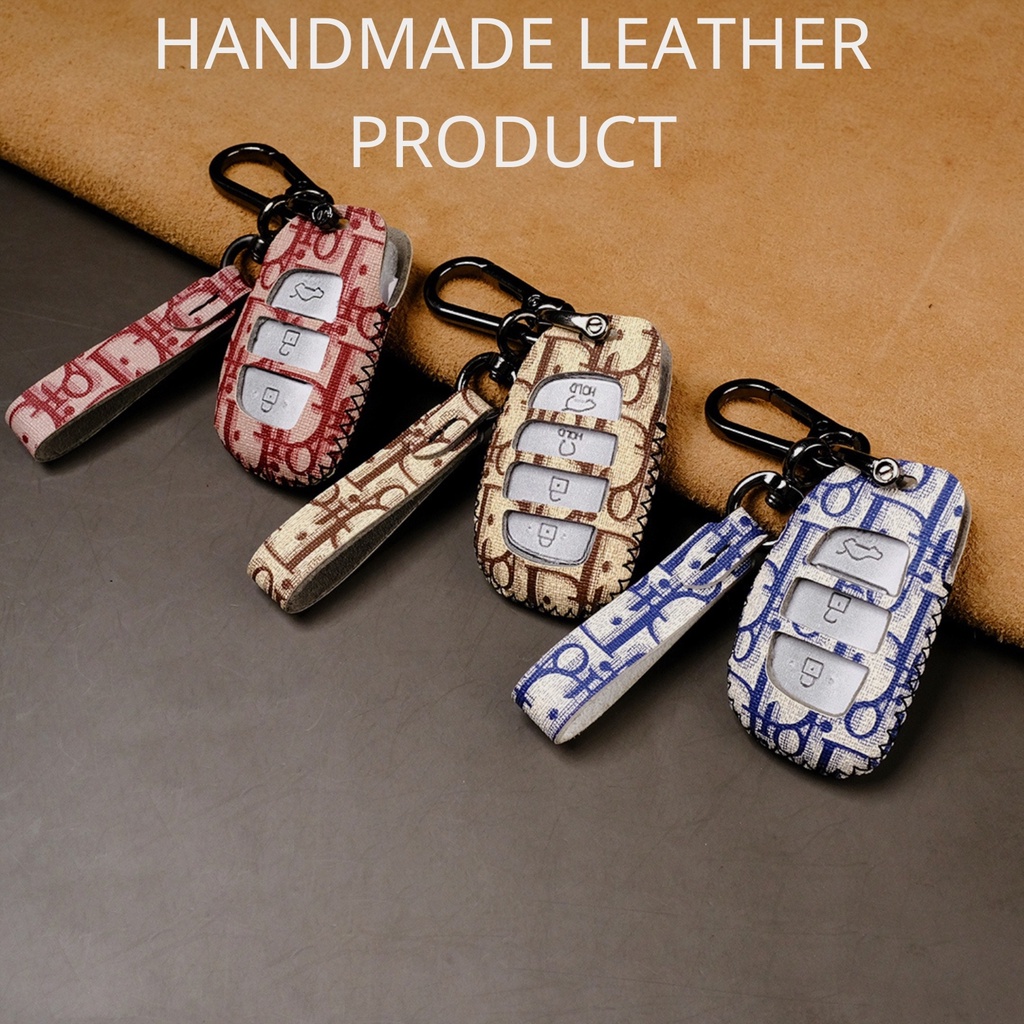 Bao da bọc chìa khóa ô tô Hyundai Tucson I10 I120 Elantra Creta 2022  khâu tay hở nút bấm móc đen HB