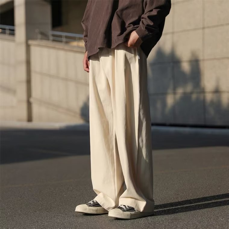 Quần Dài Cotton Ống Rộng Màu Trơn Thời Trang Mùa Hè Phong Cách Hong Kong Mới Cho Nam