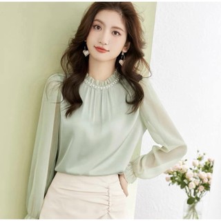 Áo sơ mi trung niên nữ ht official,áo nữ kiểu cổ nhún đính hạt cao cấp ht _ thời trang trung niên