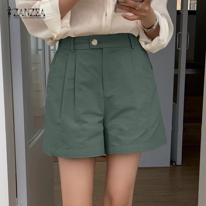 Quần short ZANZEA lưng cao co giãn màu trơn thời trang Hàn Quốc cho nữ