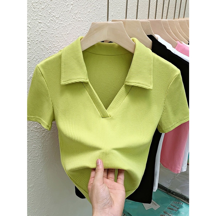 Áo Croptop Tay Ngắn Cổ Chữ V Màu Trơn Phong Cách Hàn Quốc Thời Trang Mùa Hè 2023 Cho Nữ