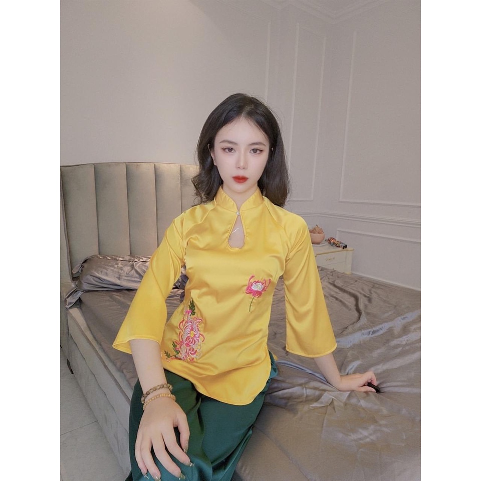 Đồ Lam Đi Chùa # Bộ Lua Latin Cổ Giọt Nước Thêu Hoa# Quần Áo Nữ