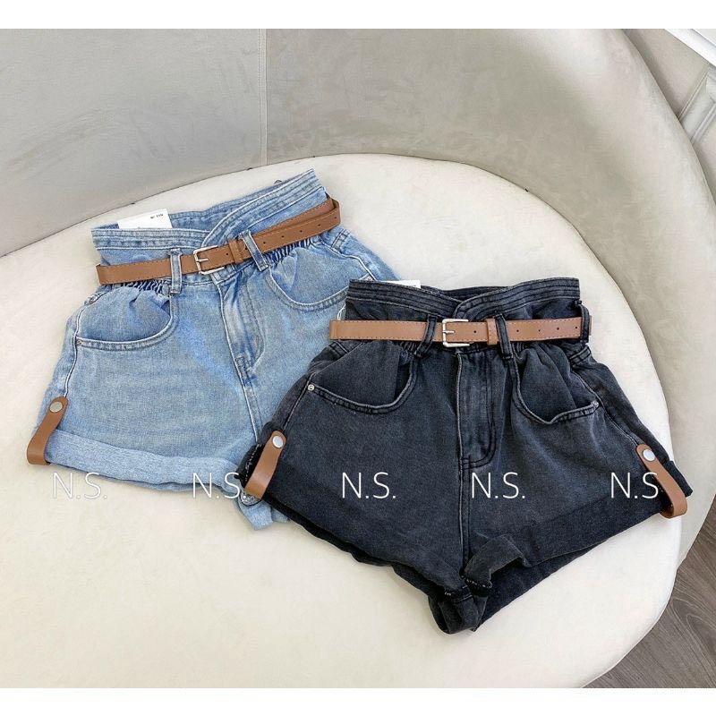 Quần sooc jean nữ gập gấu cạp cao kèm đai , quần đùi bò phong cách ullzang- Hl