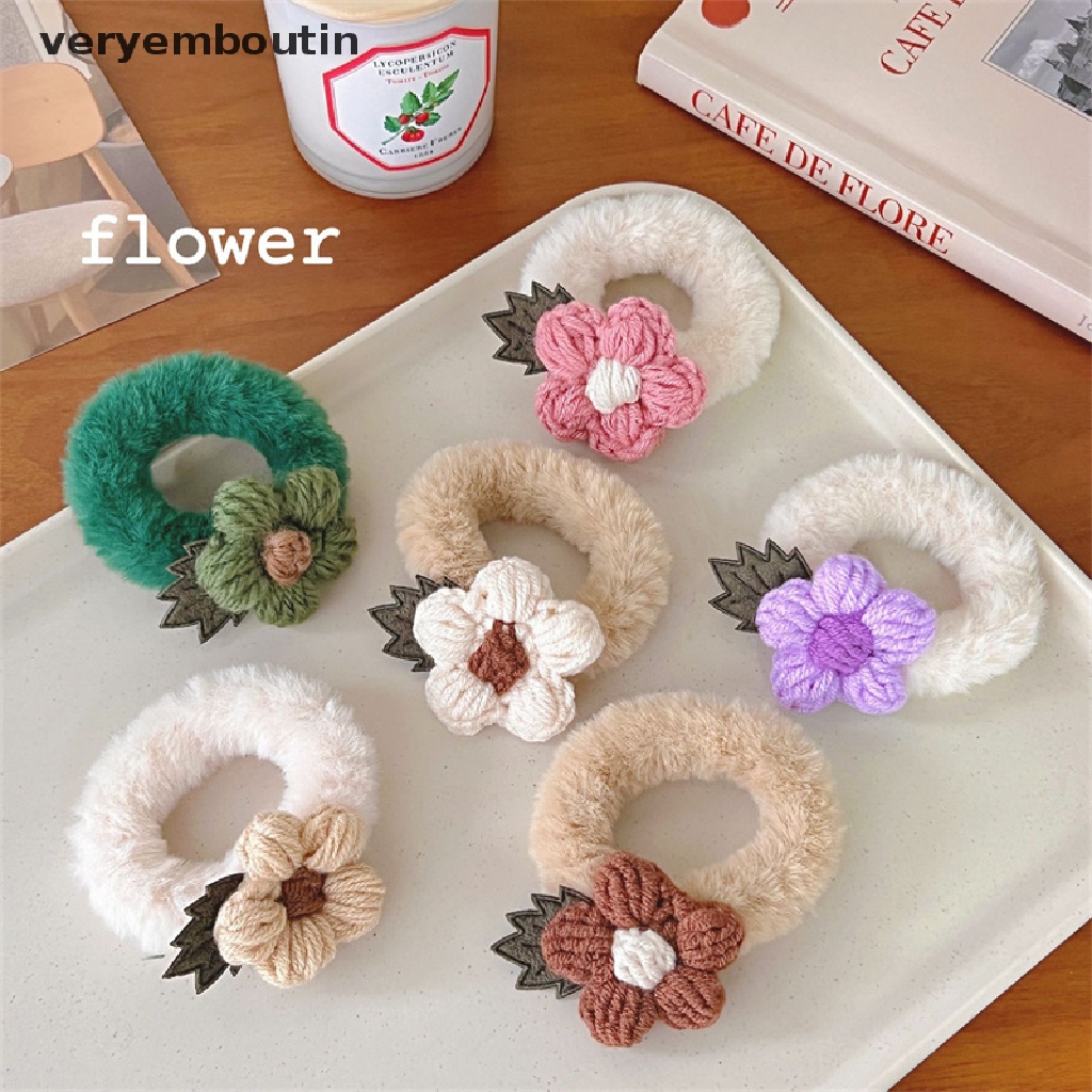 Dây Buộc Tóc Cao Su Bọc Vải Lông Họa Tiết Hoa / Tai Thỏ Dễ Thương Cho Nữ