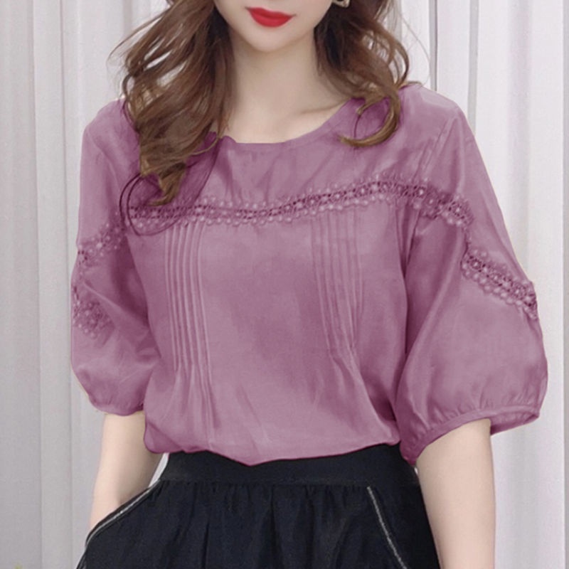 Áo Kiểu Tay Phồng Vải Cotton Phối Ren Thiết Kế Cỡ Lớn Thời Trang Trẻ Trung