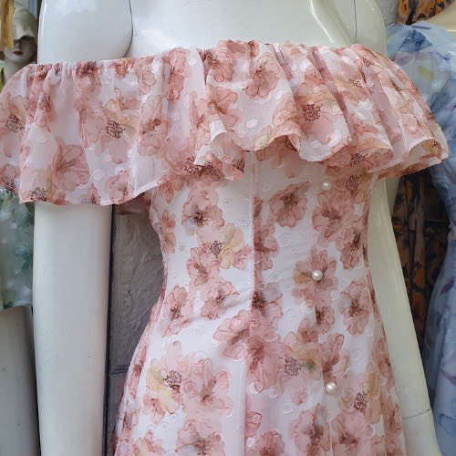 Đầm trễ vai dáng dài, váy trễ vai đi biển, đi tiệc Chất liệu voan tơ hạt