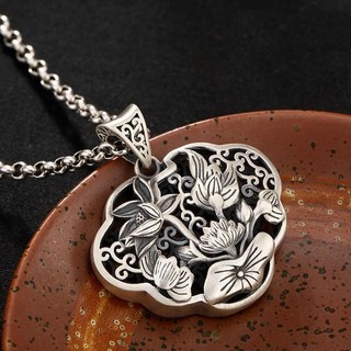 ♥Original designer craftsmanship to create a retro lotus wishful long necklace pendant charm lady brand silver jewelry