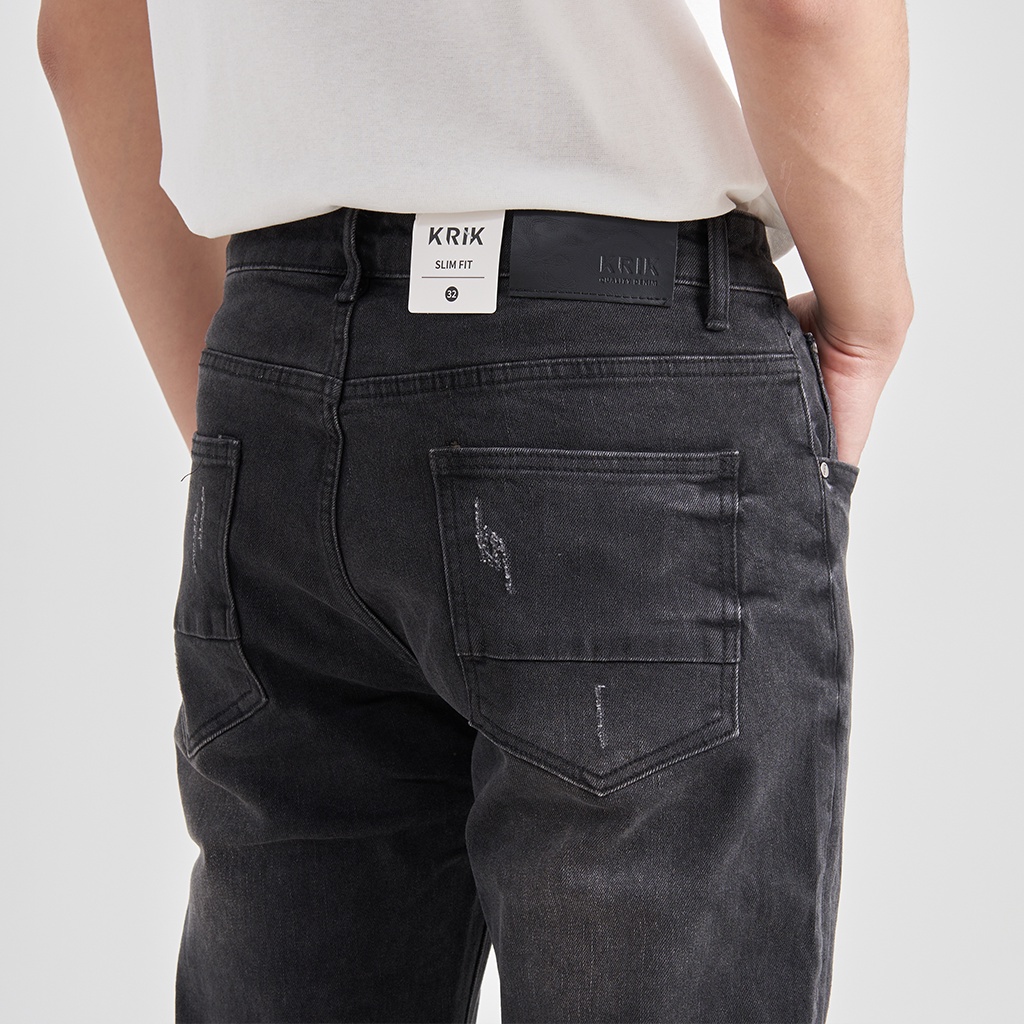 Quần Jean Nam Local Brand KRIK Dáng Slimfit Hàn Quốc, Màu Đen Rách Xước QJ0379