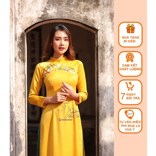 Ao dài may sẵn màu vàng chất liệu lụa tây thi thêu cao cấp size s-xl