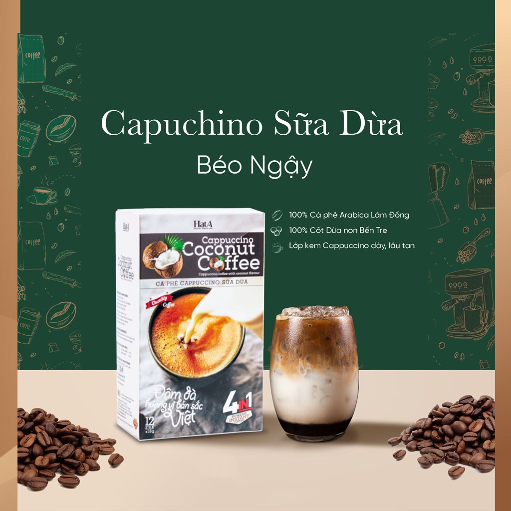 Cà phê hòa tan Cappuccino Hạt A Cafe 4in1 vị sữa dừa tự nhiên 216gr/12 gói