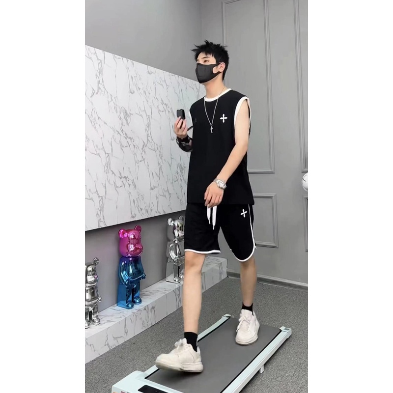 Bộ Thể Thao Ba Lỗ Hè Nam Nữ Phối Họa Tiết Viền Kẻ Cá Tính, Cotton Cá Sấu Thoáng Khí Mềm Mịn Thấm Hút Mồ Hôi
