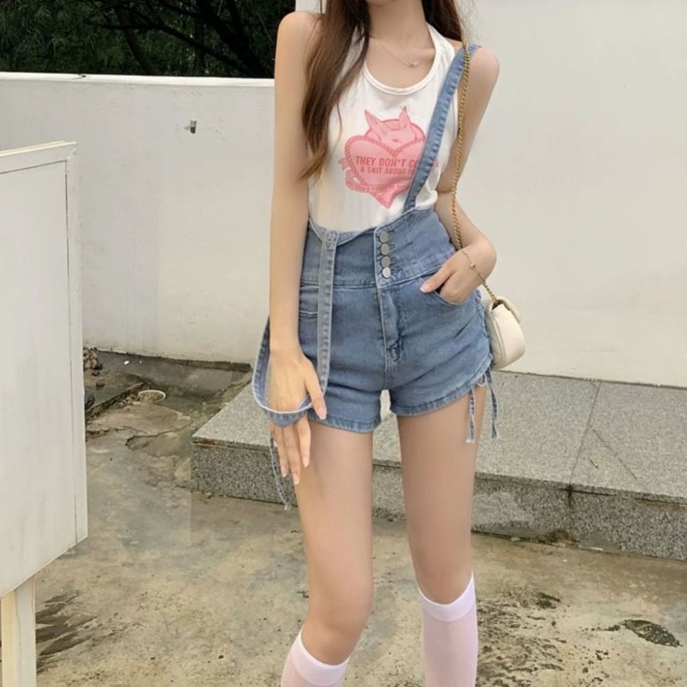 Bán Chạy Nhất Jiashucheng#Quần Short Yếm Denim Lưng Cao Phối Dây Rút Thời Trang Cho Nữ
