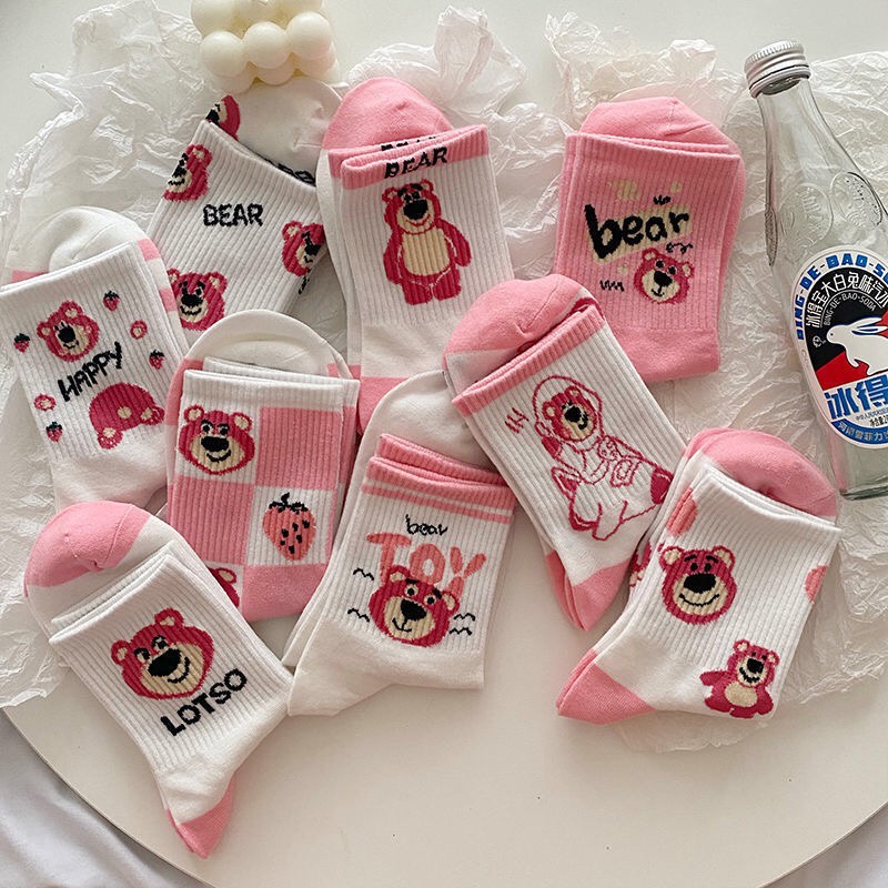 Tất vớ cao cổ nữ gấu dâu Lotso Bear bèo nhún 3B phong cách Hàn Quốc nhiều mẫu chất cotton mềm mịn