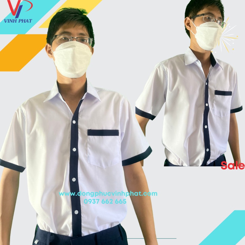 Đồng phục học sinh cấp 2-3, áo sơ mi trắng phối viền xanh và quần dài, quần short bền đẹp giá tốt