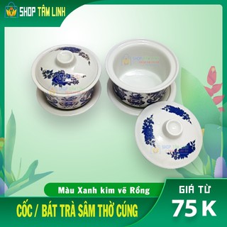 Bát / chén trà sâm đồ thờ cúng đồ thờ thần tài gốm sứ Bát Tràng màu xanh kim Shoptamlinh