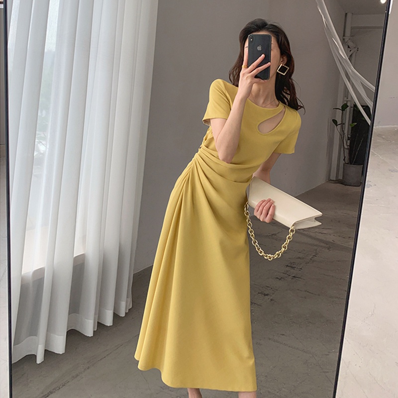 Đầm Thun Dài Tay Dáng Dài Lưng Cao Xếp Ly Màu Vàng Dành Cho Nữ