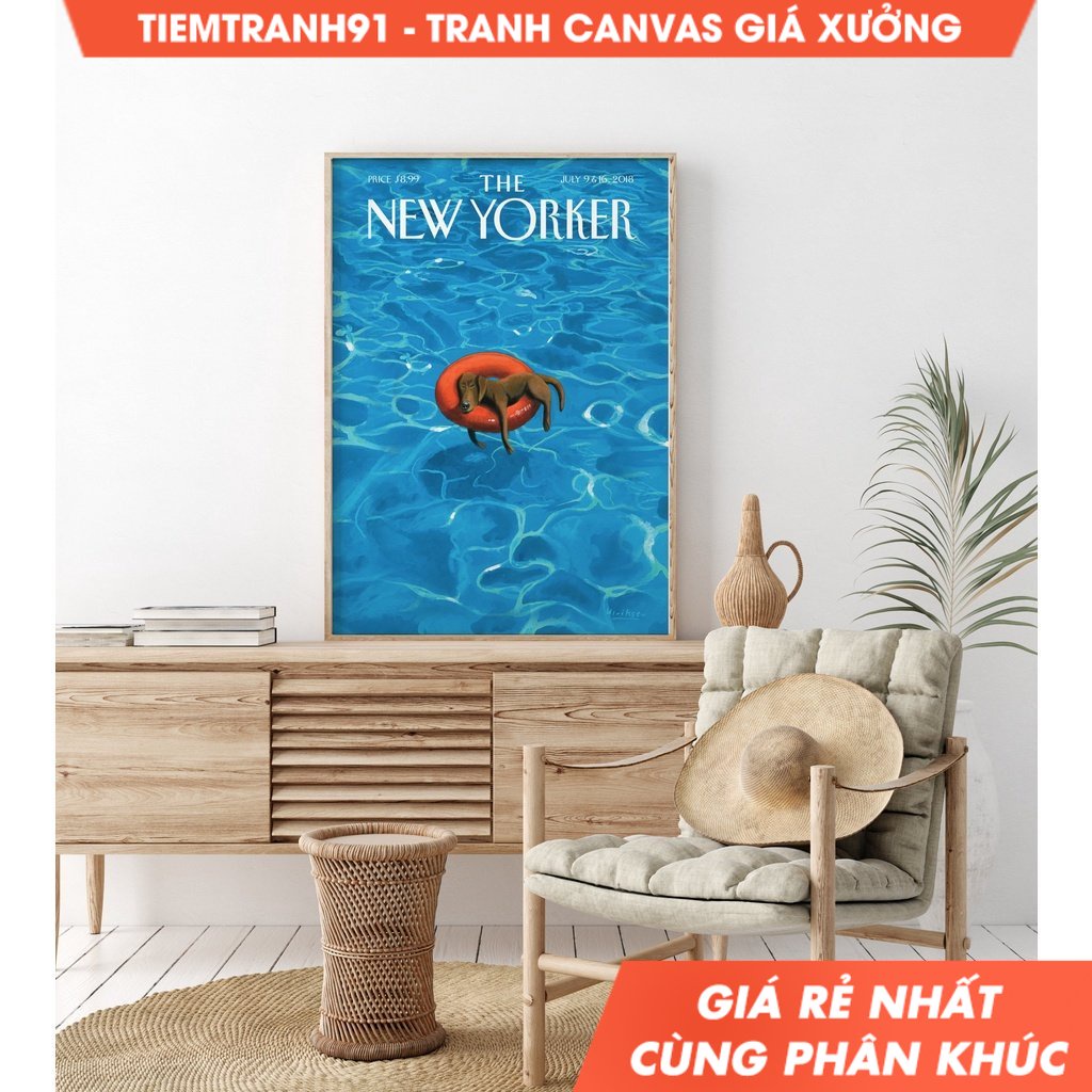 Tranh treo tường The New Yorker Magazine,Downtime 2018, Retro Magazine,New York city,Dog in a pool, tặng kèm đinh treo