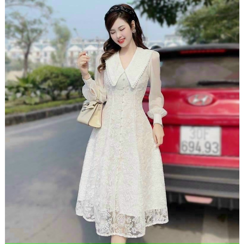 Đầm xòe cổ tim tay dài chất liệu ren kèm lót dày dặn màu đầm trắng thanh lịch kiểu đầm dự tiệc thời trang nữ ARAVA