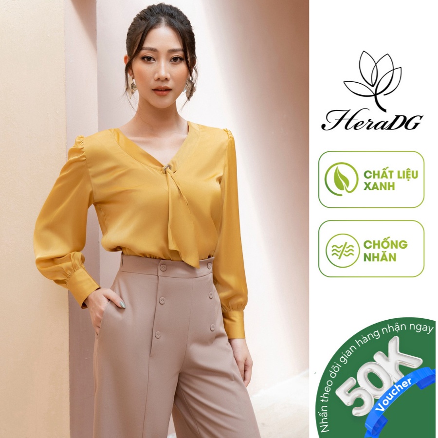 Áo sơ mi nữ dài tay thiết kế kiểu cổ oze luồn bèo đổ chất liệu xanh Recycle HeraDG SAKBB3161