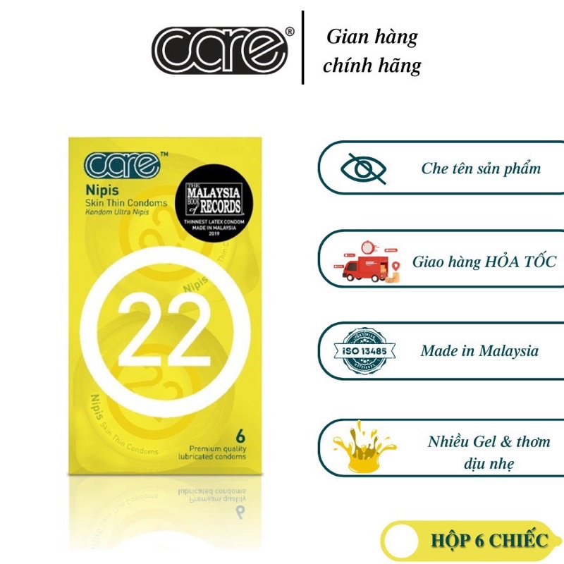 Bao cao su non-latex CARE 22 siêu mỏng, truyền nhiệt, tăng cường nhiều gel bôi trơn sản xuất tại Malaysia - hộp 6 bcs