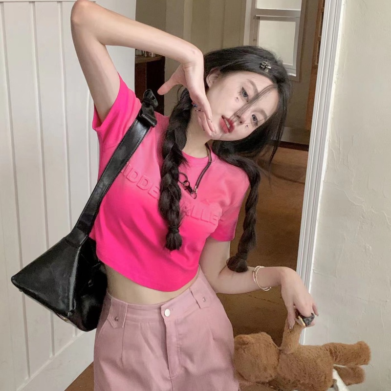 IELGY  Áo Thun Tay Ngắn Nhuộm Màu Loang In Chữ Phong Cách Mỹ Cổ Điển Thời Trang Cho Nữ