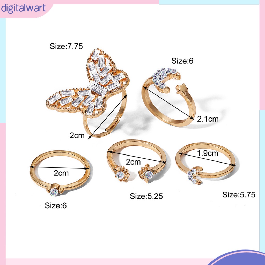 Set 5 Nhẫn Hình Bướm / Mặt Trăng / Ngôi Sao Xếp Chồng Lên Nhau Thời Trang