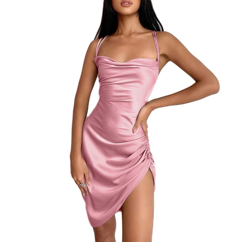 Xiangbao Đầm Mini Sát Nách Dây Rút Hở Lưng Bằng Satin Gợi Cảm Cho Nữ