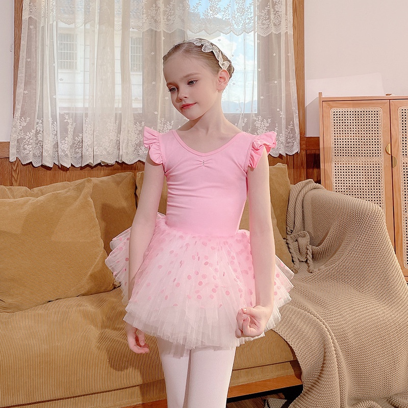 Đầm Múa Ba Lê Tay Ngắn Bằng Cotton Nguyên Chất Xẻ Tà Màu Hồng Phong Cách Mới Cho Bé Gái