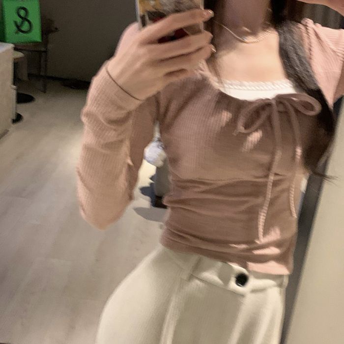 Áo Croptop Tay Dài Cổ Vuông Màu Sắc Ngọt Ngào Thời Trang Mùa Thu Quyến Rũ Cho Nữ