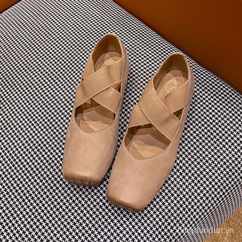 Giày Múa Ba Lê Mũi Vuông Đế Bằng Thắt Dây Chéo Phong Cách Retro Dành Cho Nữ