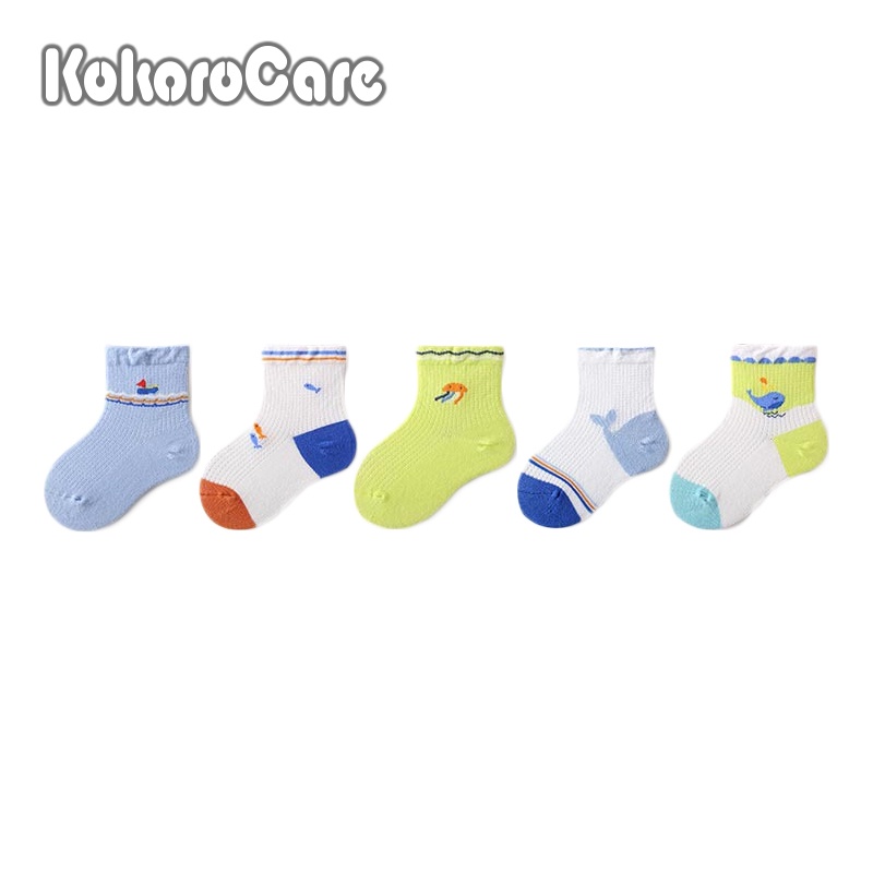 Set 5 đôi tất lưới KOKOROCARE MHM-22 2023 in hình cá voi xanh dễ thương cho bé sơ sinh 1 tháng-8 tuổi/ Size S/ M/ L/ XL