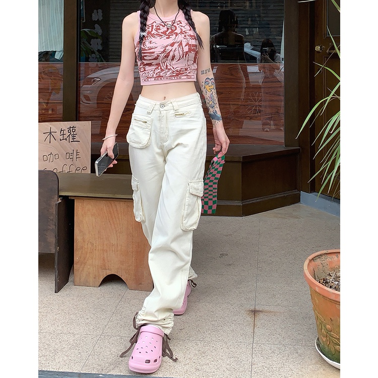 Áo Thể Thao Ngắn Sát Nách Màu Hồng Hình Chữ I Cổ Điển Thời Trang Mùa Xuân Hàn Quốc Cho Nữ