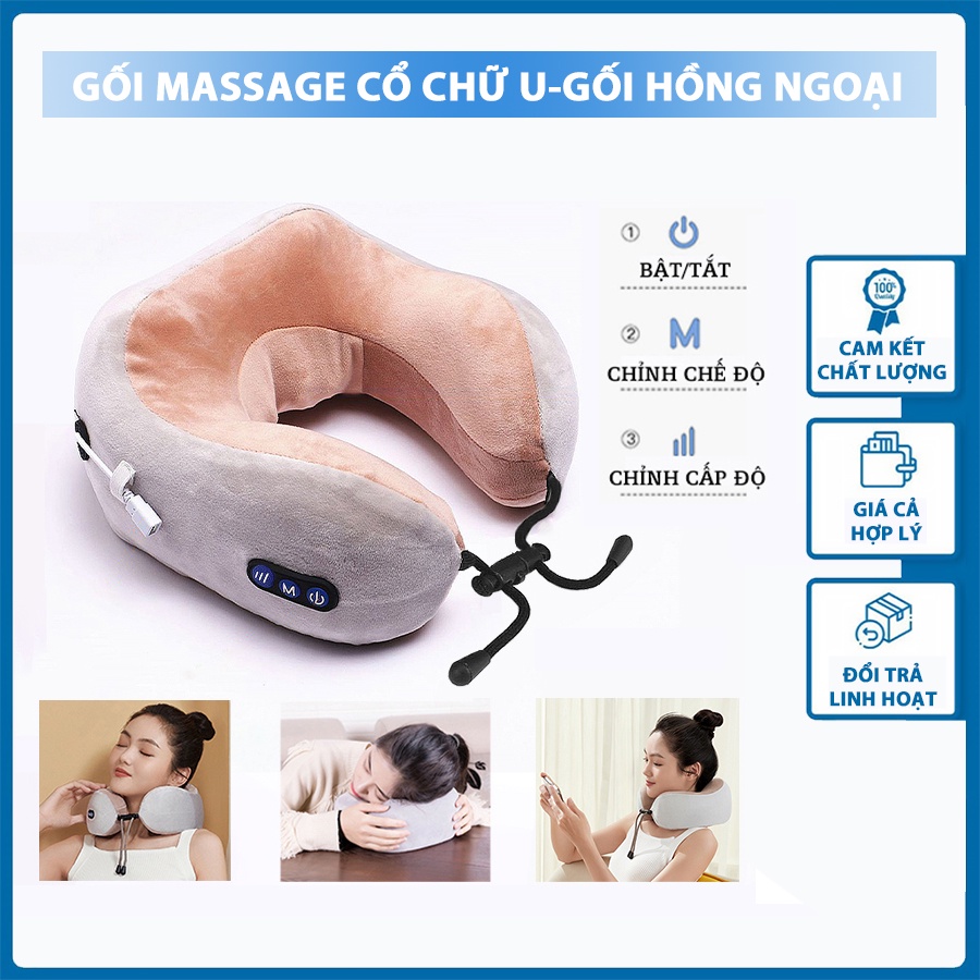Gối massage cổ chữ U, Gối mát xa hồng ngoại, Gối kê đầu ngủ văn phòng giúp giảm đau cổ vai gáy BH 6 tháng, TiemnhaBT3