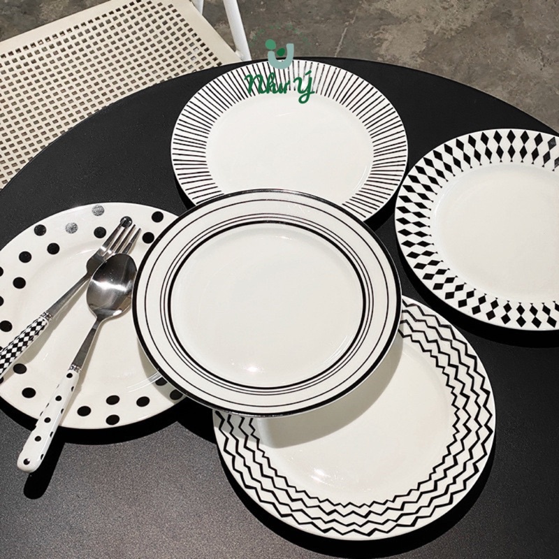 Set 5 đĩa sứ, bộ đĩa sứ decor tráng men màu đẹp họa tiết đen trắng ( HỘP QUÀ SANG TRỌNG )