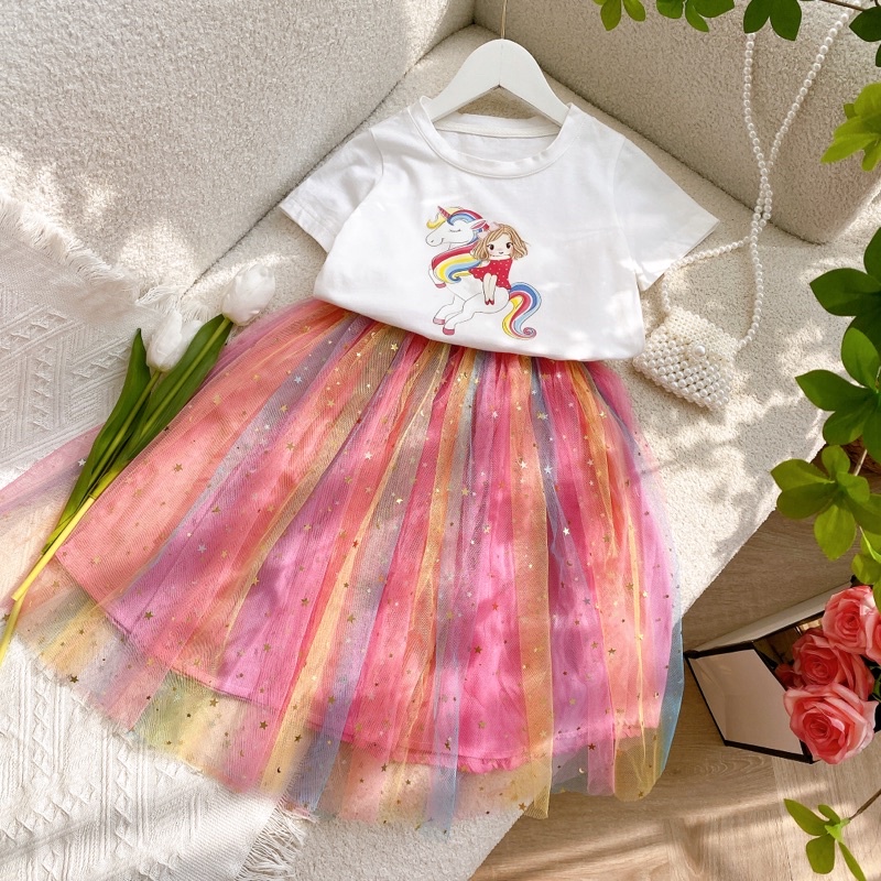 Set bộ bé gái ,Áo cotton 4c in hình Pony,Chân váy lưới sao cầu vồng xinh xắn