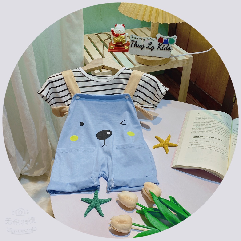 Set yếm kèm áo kẻ mẫu in mặt cún cho bé trai bé gái