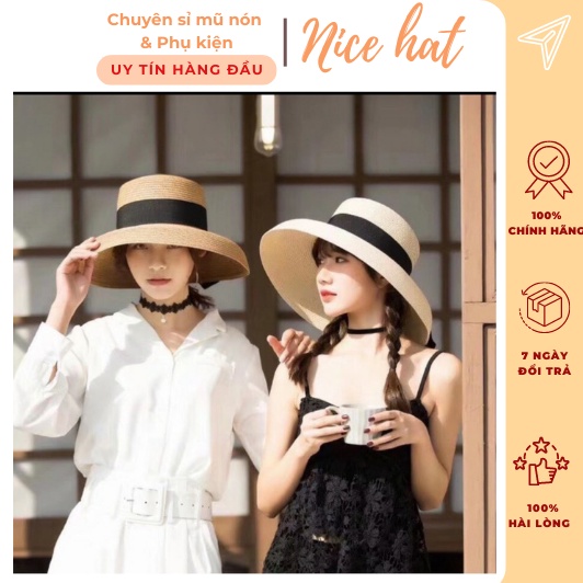 Mũ cói chuông lồng đèn nơ đi biển nón nữ vành cụp thời trang du lịch hè - MC05