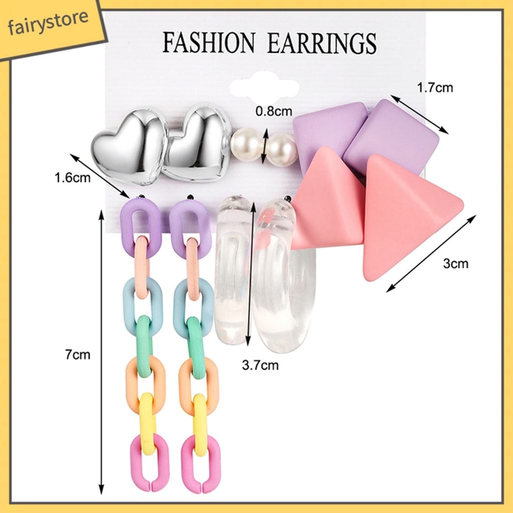 Set 1 / 4 / 6 Đôi Khuyên Tai Hình Học Trái Tim Màu Sắc Ngọt Ngào Bằng Acrylic