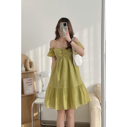 Đầm Babydoll Trễ Vai Mặc Hai Kiểu Chất Lụa Tăm Hai Lớp