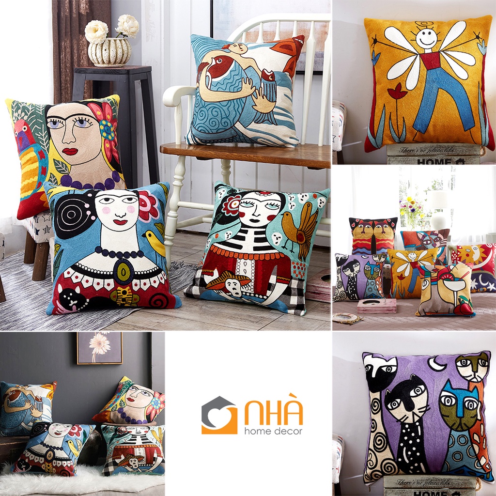 Gối Tựa Lưng Gối Sofa Trang Trí Phòng Khách Vải Linen Thêu Cô Gái &amp; Tranh Van Gogh