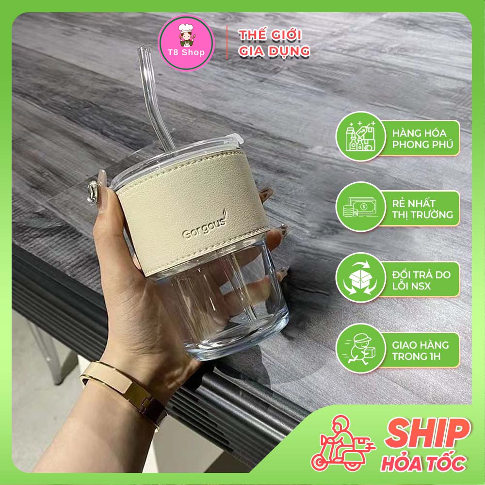 Cốc Thủy Tinh,Ly Thủy Tinh Cao Cấp có Nắp Đậy Và Vỏ Bao Da Kèm Ống Hút Thủy Tinh Dung Tích 450ml