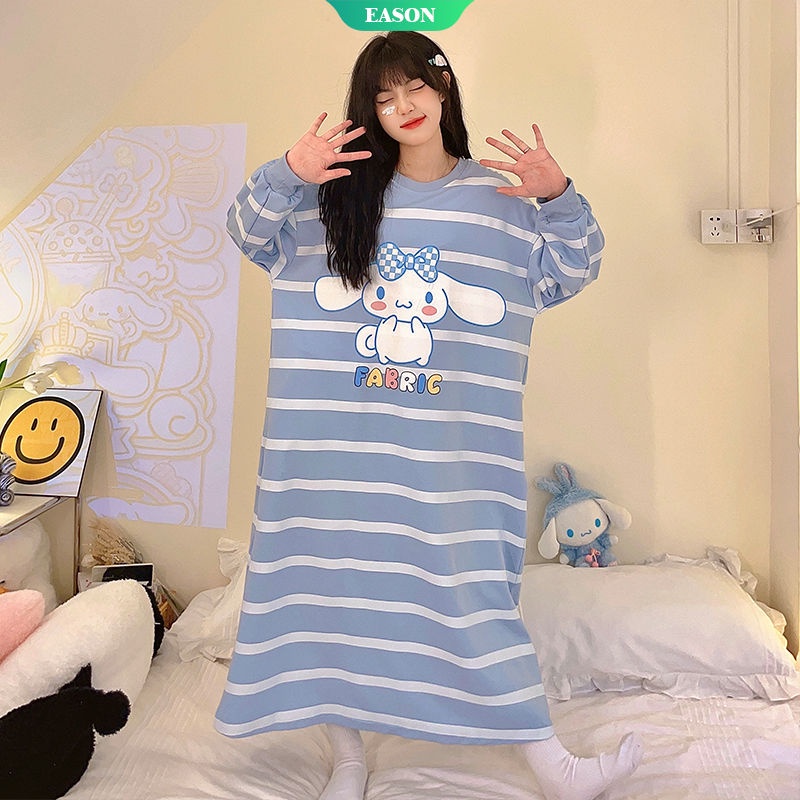 Đầm Ngủ Tay Dài Dáng Rộng In Họa Tiết Hoạt Hình Sọc Sanrio Thời Trang Xuân Thu Xinh Xắn Cho Nữ