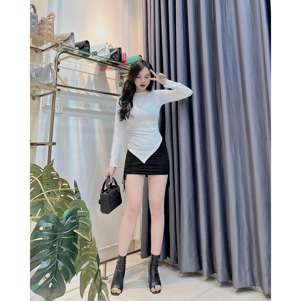 [3.3 Sales Freeship]Set áo thun trơn tay dài cổ tròn vạt trước phối chân váy ngắn rút dây ôm body đi chơi tôn dáng, sexy