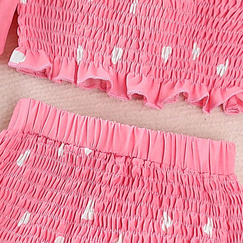 Set đồ 2 món SIYYIS gồm áo croptop trễ vai chấm bi + chân váy nhún bèo màu hồng cho bé 4-7 tuổi