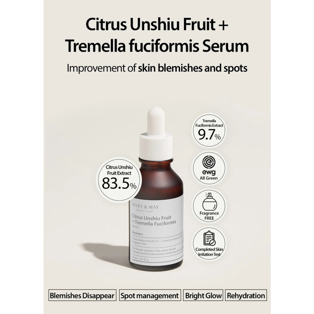 Tinh chất làm sáng đều màu da Mary & May Citrus Unshiu + Tremella Fuciformis Serum 30ml