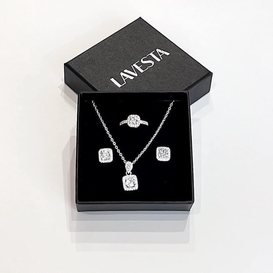 Bộ trang sức nữ 3 món set dây chuyền bông tai nhẫn mặt đá lấp lánh full hộp