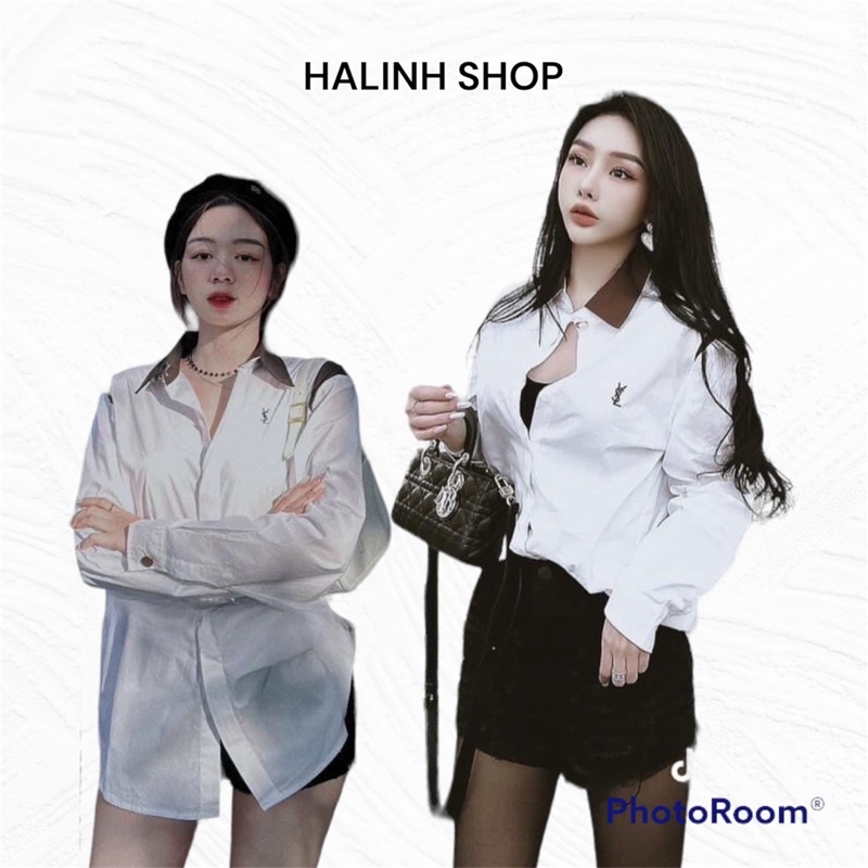 Áo Sơ Mi Trắng Thêu Chữ Nổi Cổ Nâu -Halinh Shop-Áo Sơ Mi Dài Tay Size S M Phong Cách Hàn Quốc